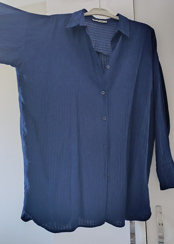 Lacivert Düğmeli Keten Kadın Gömlek - Görsel 2