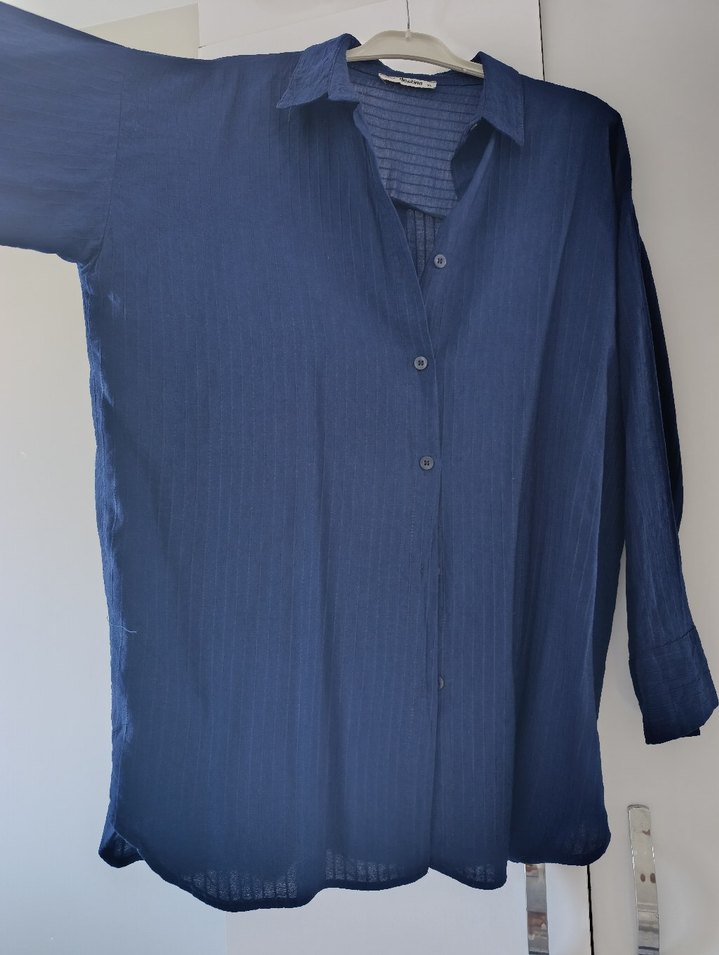 Lacivert Düğmeli Keten Kadın Gömlek - Görsel 2