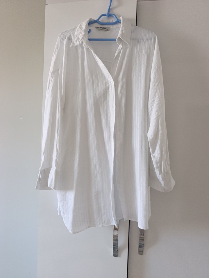 Kadın Beyaz Keten Midi Gömlek - Görsel 2