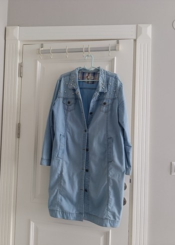 Uzun Mavi Denim Kadın Ceket - Görsel 5