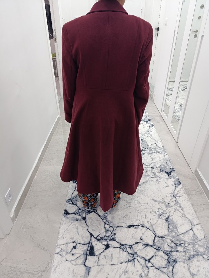 Bordo kaşe Düğmeli Kadın Uzun Kaban - Görsel 2