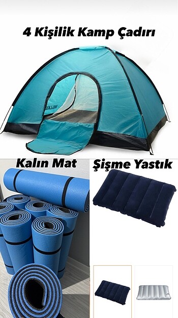 Kamp seti üç ürün; 4 Kişilik Kamp çadırı+Mat+Yastık