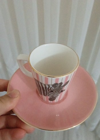 Porland Pembe Zebra Desenli Fincan ve Tabak