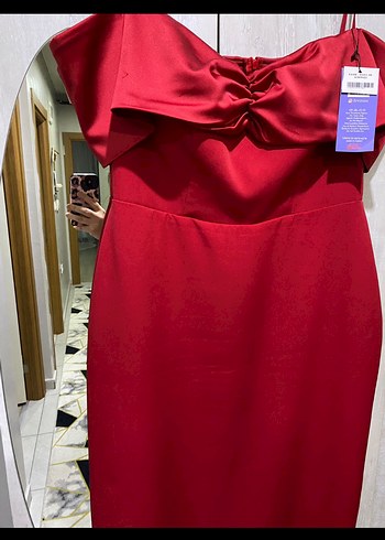 Kırmızı Drapeli Modern Klasik Midi Elbise - Görsel 4