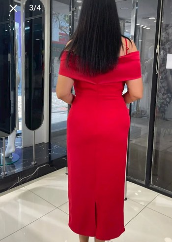 Kırmızı Drapeli Modern Klasik Midi Elbise - Görsel 2