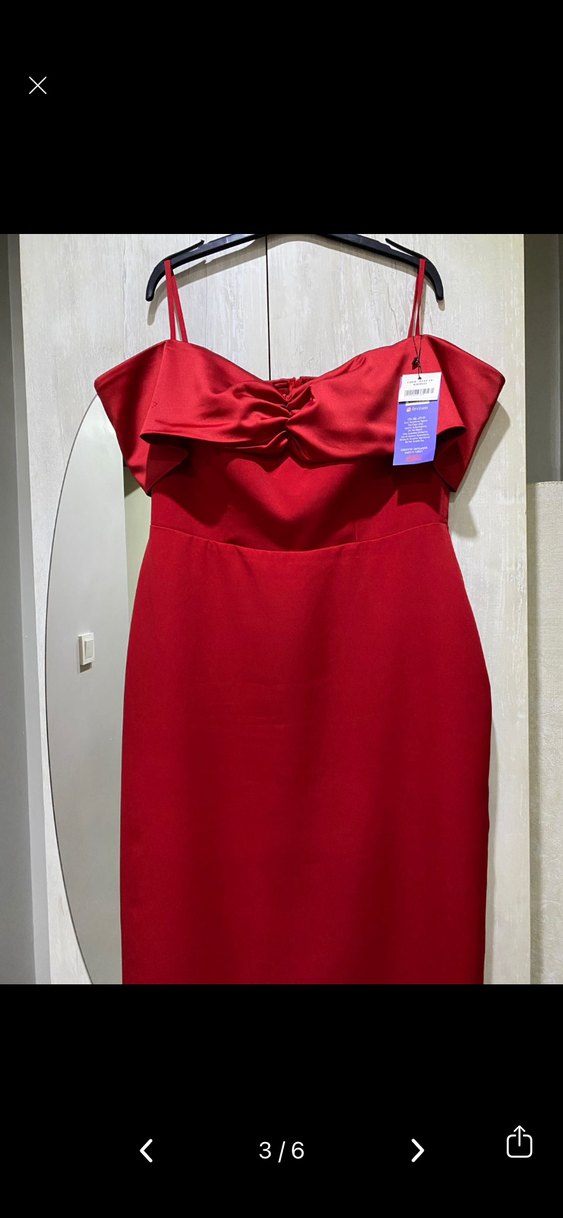 Kırmızı Drapeli Modern Klasik Midi Elbise - Görsel 3