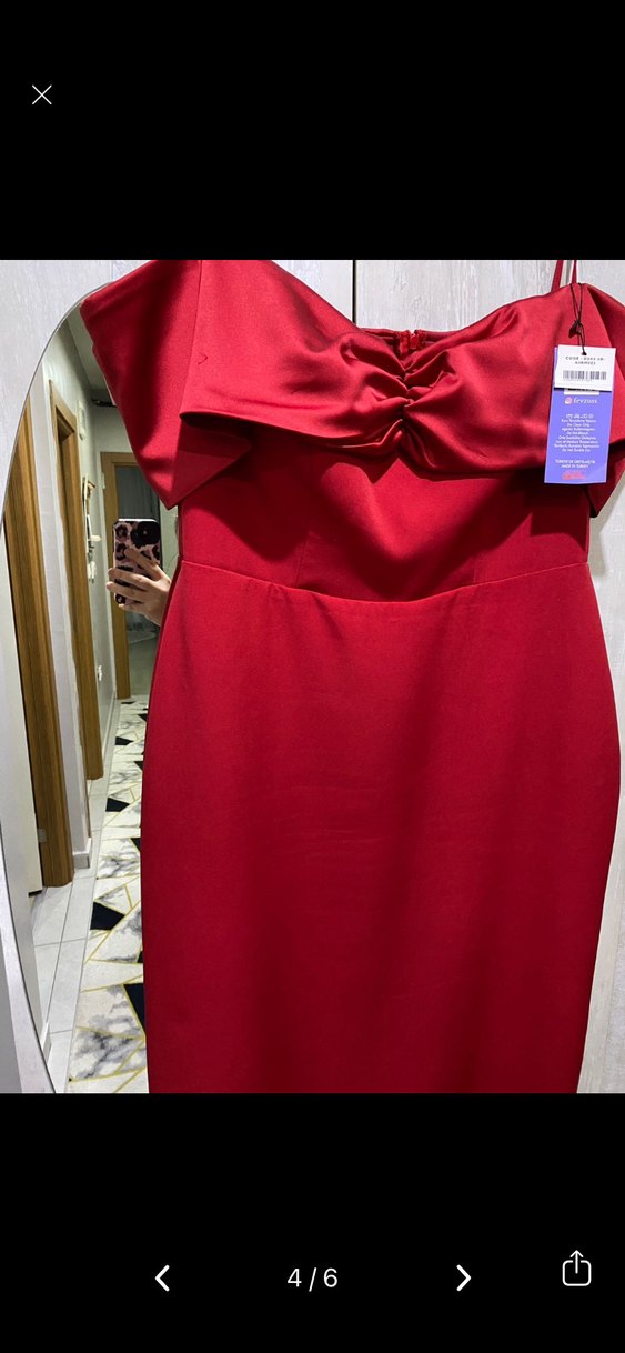Kırmızı Drapeli Modern Klasik Midi Elbise - Görsel 4