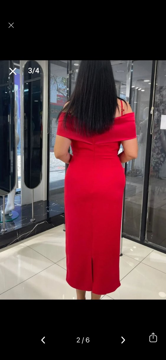 Kırmızı Drapeli Modern Klasik Midi Elbise - Görsel 2