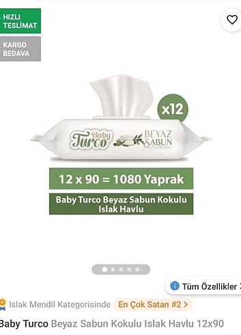 Baby turco ıslak mendil beyaz sabunlu 12 adet 
