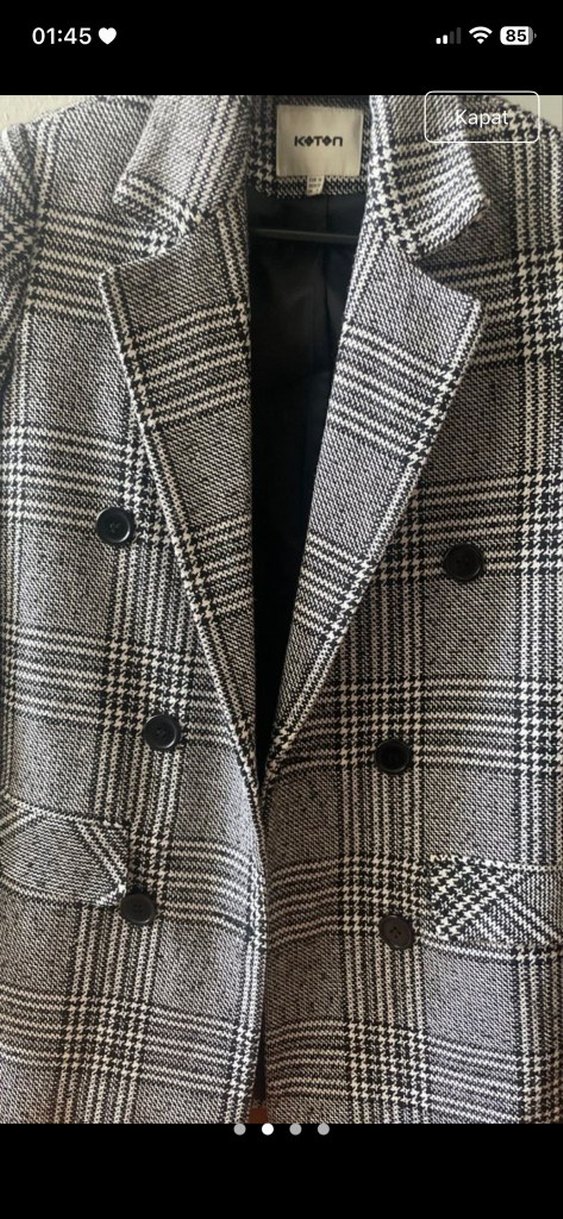 Düğmeli Gri Kareli Midi Kadın Blazer Ceket - Görsel 2