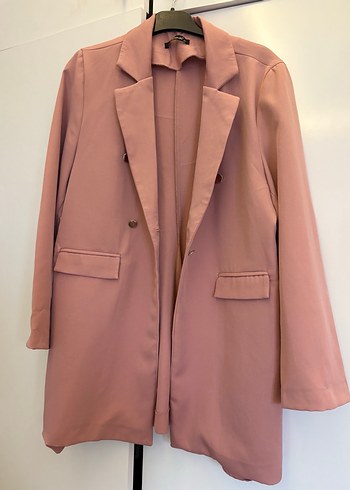 Pembe Uzun Kesim Düğmeli Kadın Blazer - Görsel 5