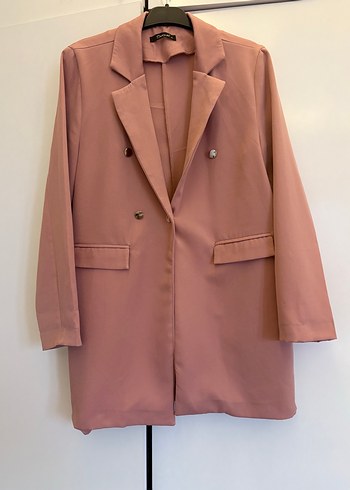 Pembe Uzun Kesim Düğmeli Kadın Blazer - Görsel 2
