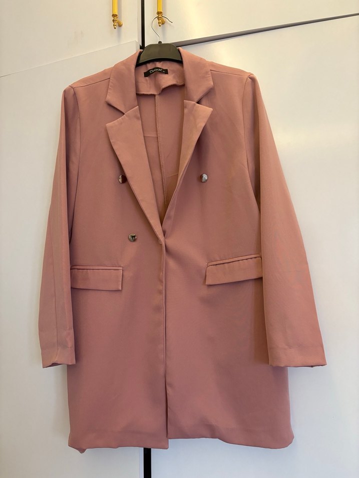 Pembe Uzun Kesim Düğmeli Kadın Blazer - Görsel 4