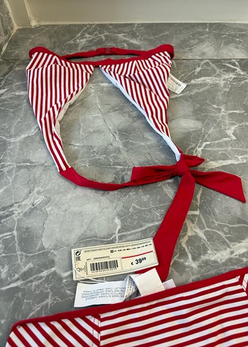 Kırmızı Çizgili Fiyonklu Mini Kadın Bikini - Görsel 2