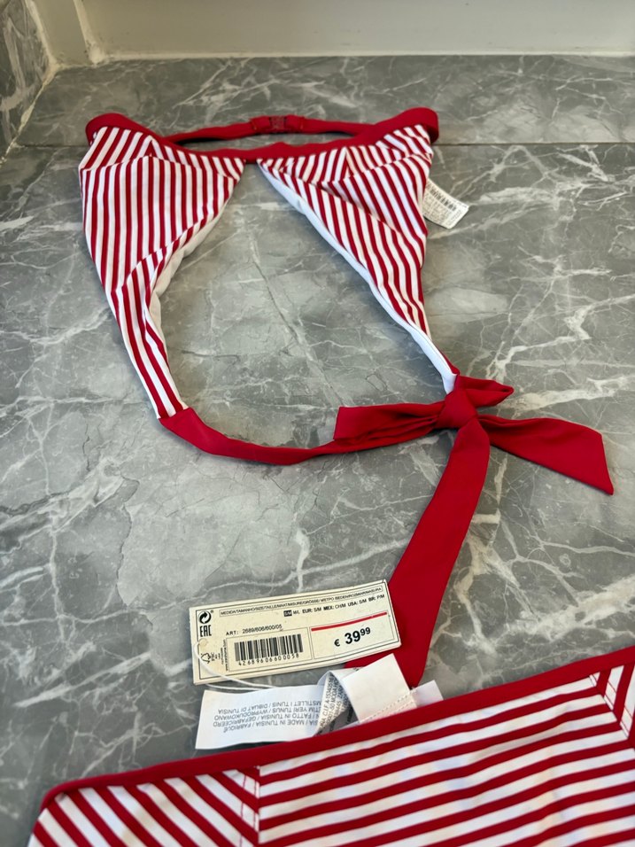 Kırmızı Çizgili Fiyonklu Mini Kadın Bikini - Görsel 2