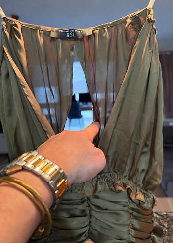 Uzun Drapeli Saten Gold Kadın Tulum - Görsel 7