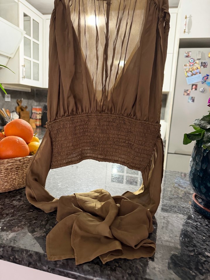 Uzun Drapeli Saten Gold Kadın Tulum - Görsel 3