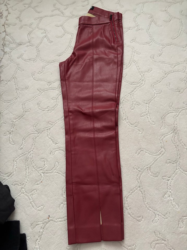 Bordo Deri Kadın Pantolon Midi Boy - Görsel 4