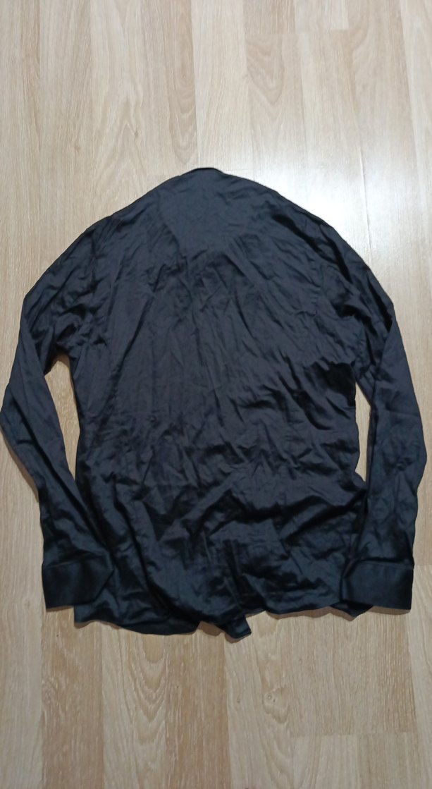 Erkek Siyah Keten Gömlek, Uzun Kollu, Düğmeli - Görsel 4