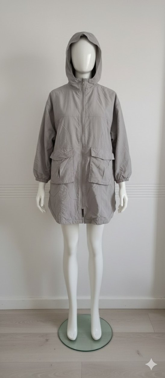 Gri Midi Kadın Keten Yağmurluk - Görsel 2