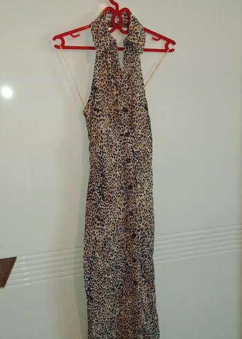 Yılan Desenli Kahverengi Uzun Drapeli Elbise - Görsel 3