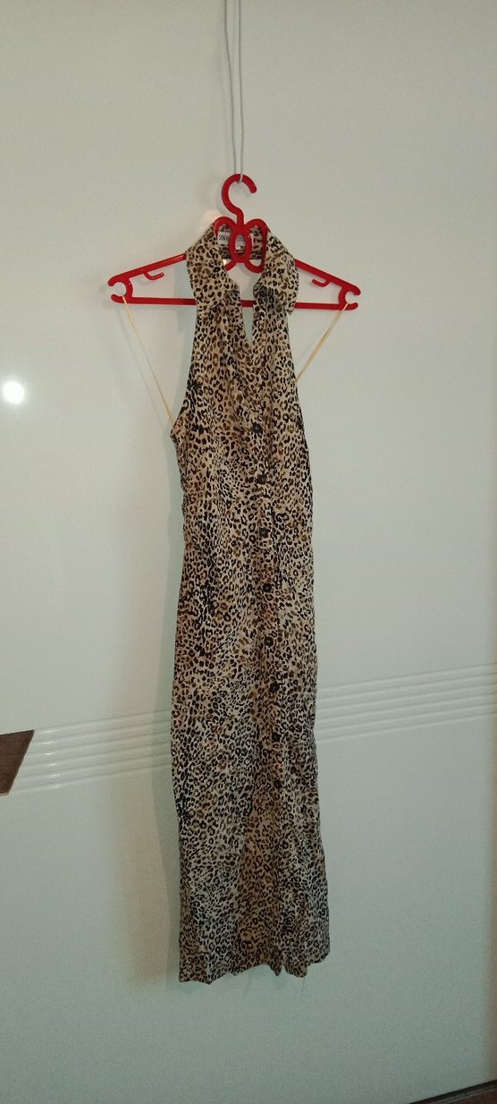 Yılan Desenli Kahverengi Uzun Drapeli Elbise - Görsel 3