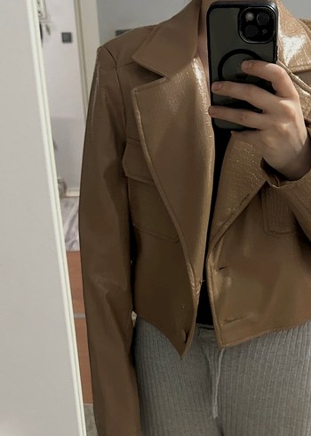 42 Beden camel Renk Bej Kısa Deri Blazer Ceket