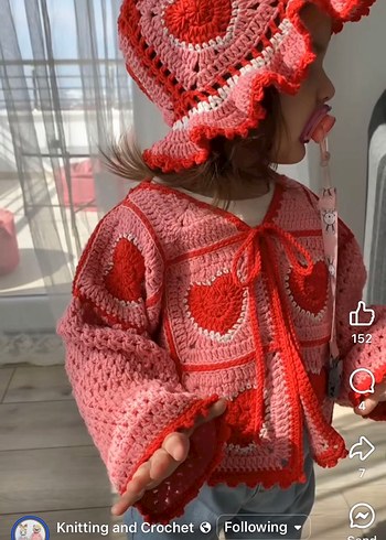 Nakışlı Kalp Desenli Kız Hırka ve Şapka Seti - Görsel 4