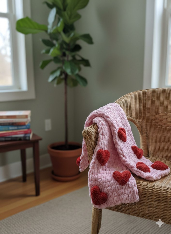 Pembe Örgü Kadın Şal Kalpli Detaylı - Görsel 2