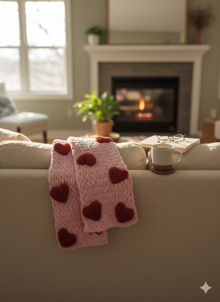 Pembe Örgü Kadın Şal Kalpli Detaylı - Görsel 3