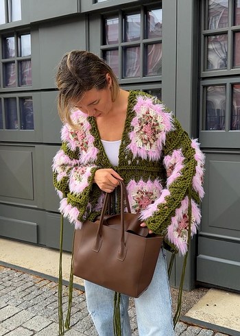 Örgü Desenli Yeşil Bohem Kadın Hırka - Görsel 6