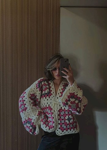 Örgü Desenli Yeşil Bohem Kadın Hırka - Görsel 7