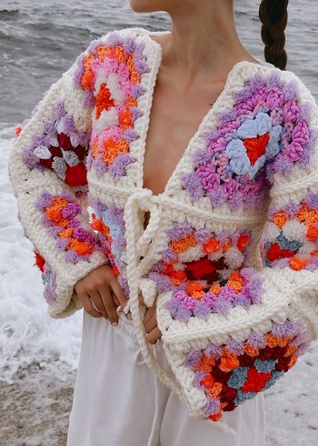 Örgü Desenli Yeşil Bohem Kadın Hırka - Görsel 3