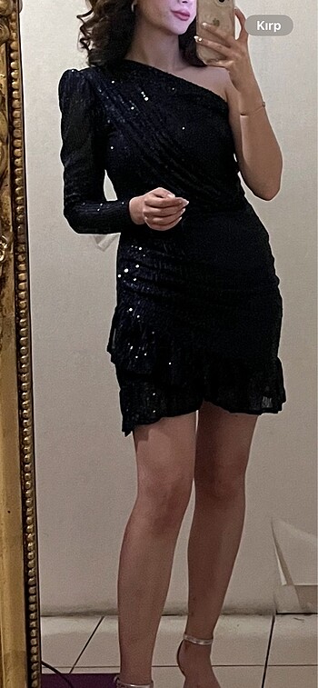 Lacivert payetli elbise tek omuz - Görsel 5