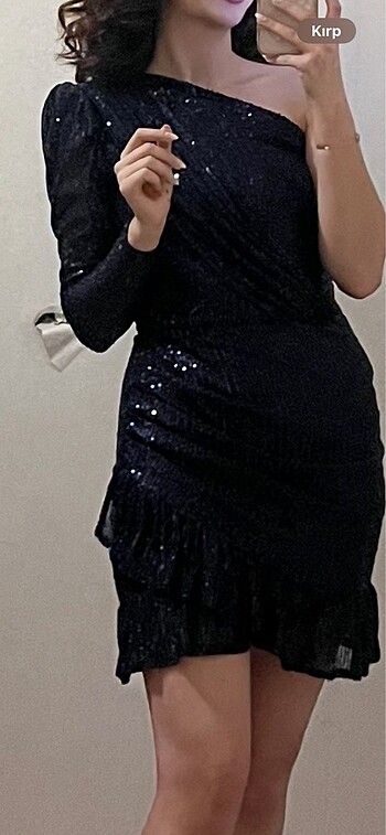 Lacivert payetli elbise tek omuz - Görsel 11