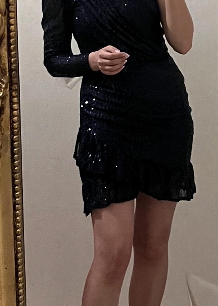 Lacivert payetli elbise tek omuz - Görsel 5