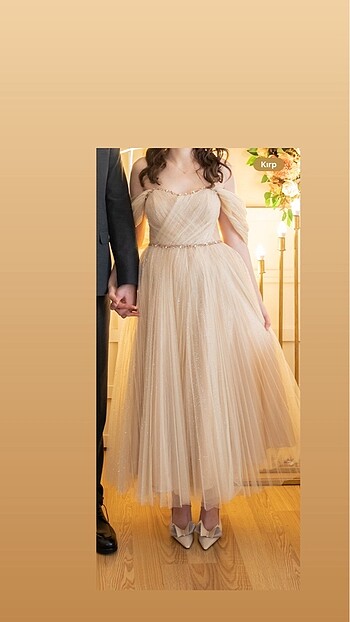 Carmen Gold Düşük Kol Taşlı Tül Nişanlık - Görsel 5