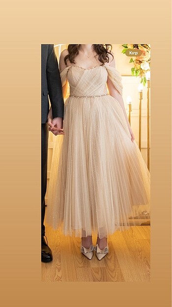 Carmen Gold Düşük Kol Taşlı Tül Nişanlık - Görsel 6