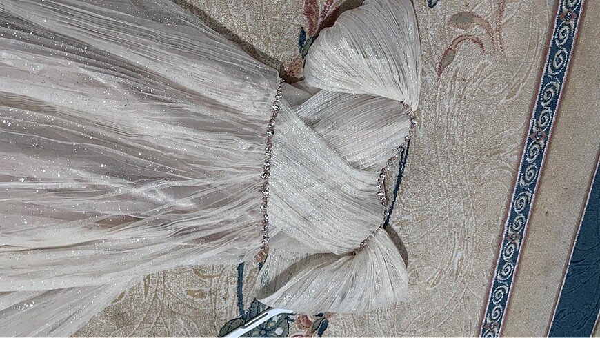 Carmen Gold Düşük Kol Taşlı Tül Nişanlık - Görsel 11