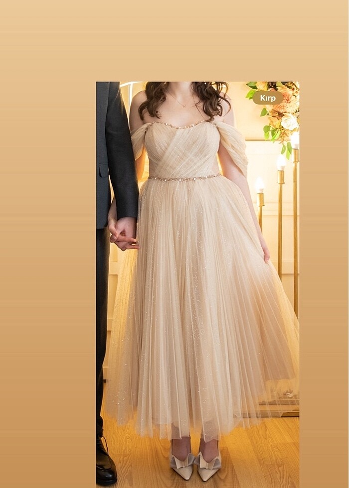 Carmen Gold Düşük Kol Taşlı Tül Nişanlık - Görsel 5