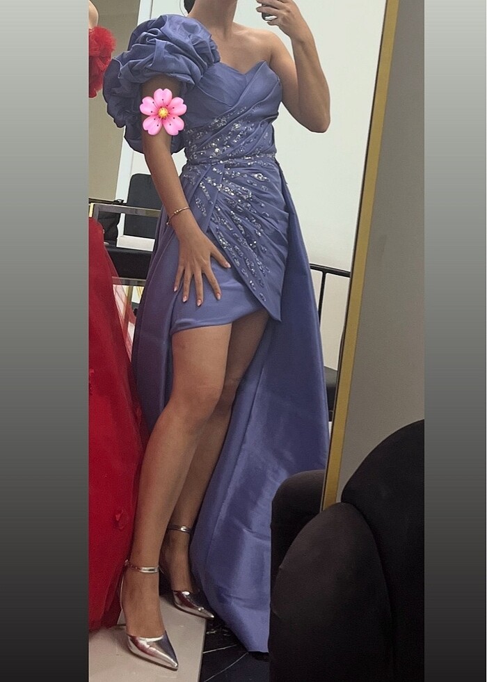 Tek Balon Kollu Arkası Uzun Önü Kısa Abiye Elbise - Görsel 2