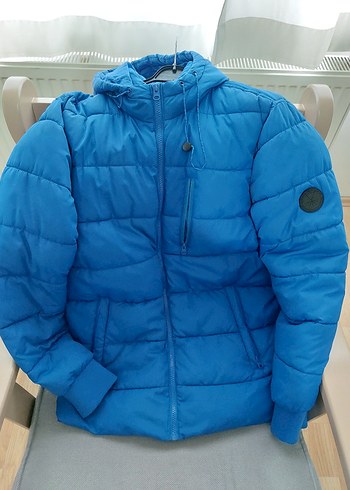 Parlak Mavi Erkek genç Kapüşonlu şişme mont - Görsel 2