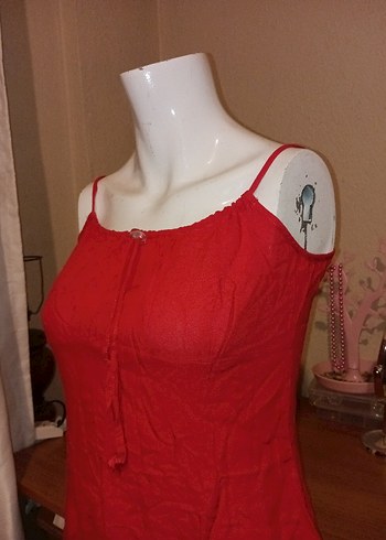 Kırmızı Kolsuz Midi Keten Elbise - Görsel 2