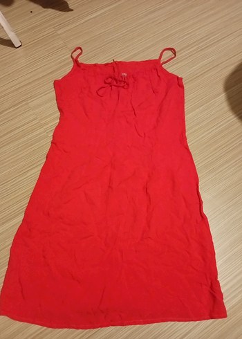 Kırmızı Kolsuz Midi Keten Elbise - Görsel 3