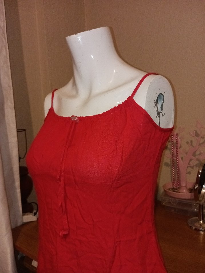 Kırmızı Kolsuz Midi Keten Elbise - Görsel 2