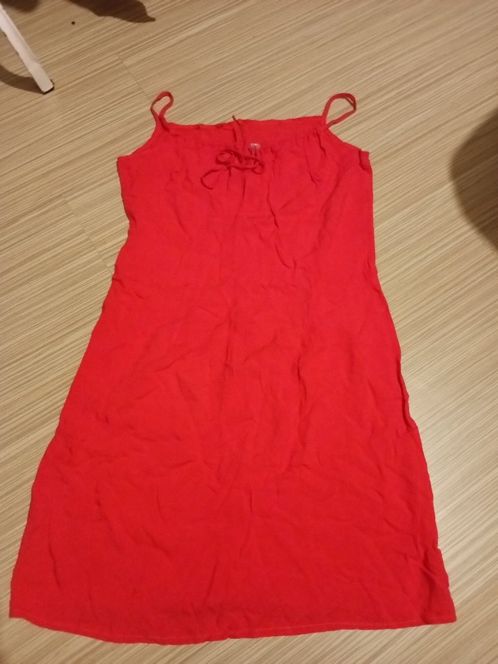 Kırmızı Kolsuz Midi Keten Elbise - Görsel 3