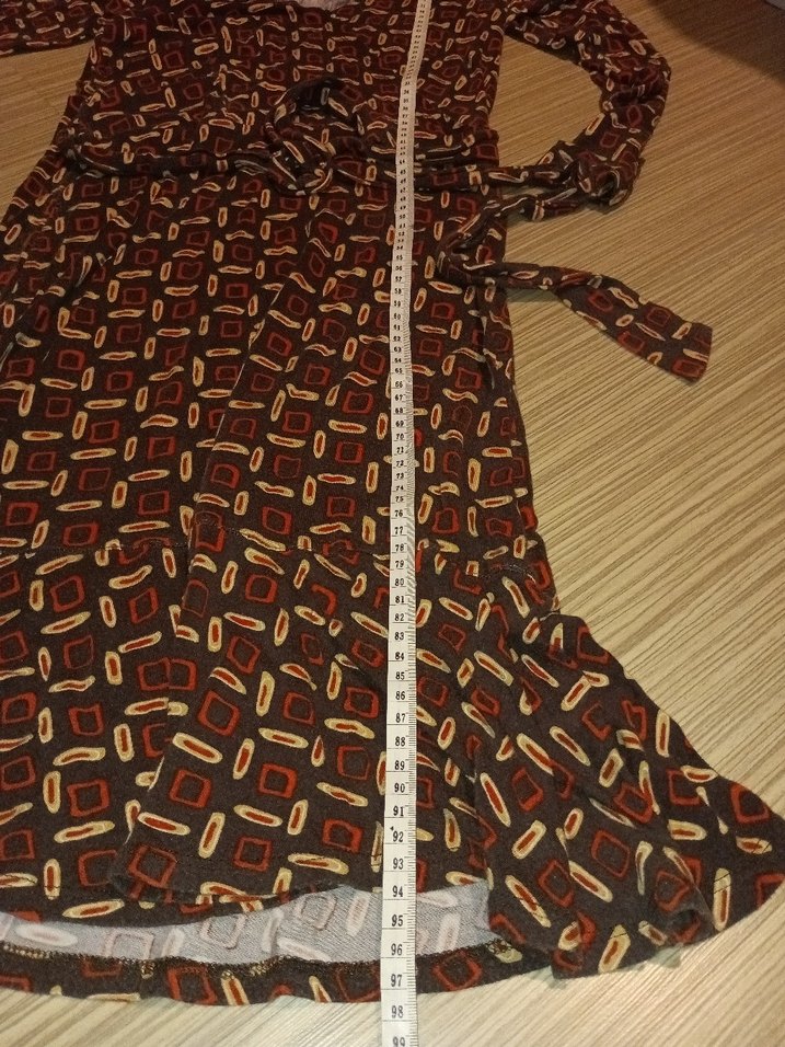 Kahverengi V Yaka Uzun Kollu Desenli Elbise - Görsel 4