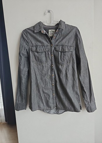 Gri Denim Kadın Gömlek Uzun Kollu