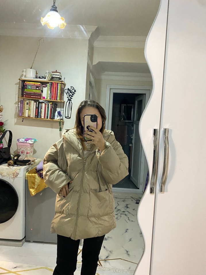 Bej Kapüşonlu Kadın Puff Mont - Görsel 4