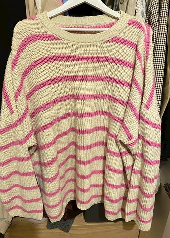 Pembe Çizgili Örgü Kadın Kazak - Görsel 2